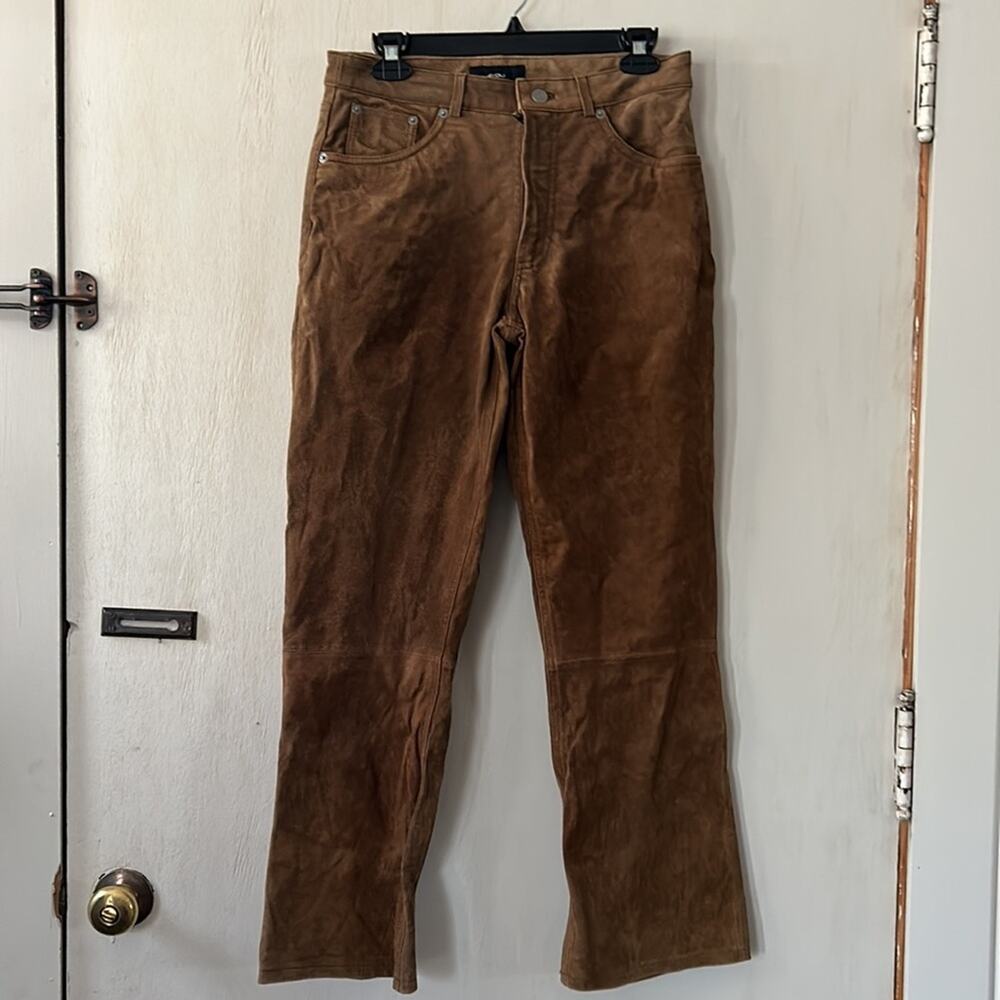 4You Brown 100% Pig Leather Suede Pants Brown Flare Soft 30x33.85 inch PreOwned